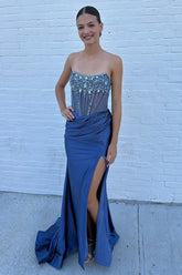 Glitter Blue Strapless Mermaid Satin Beaded Long Corset Prom Dress with Slit